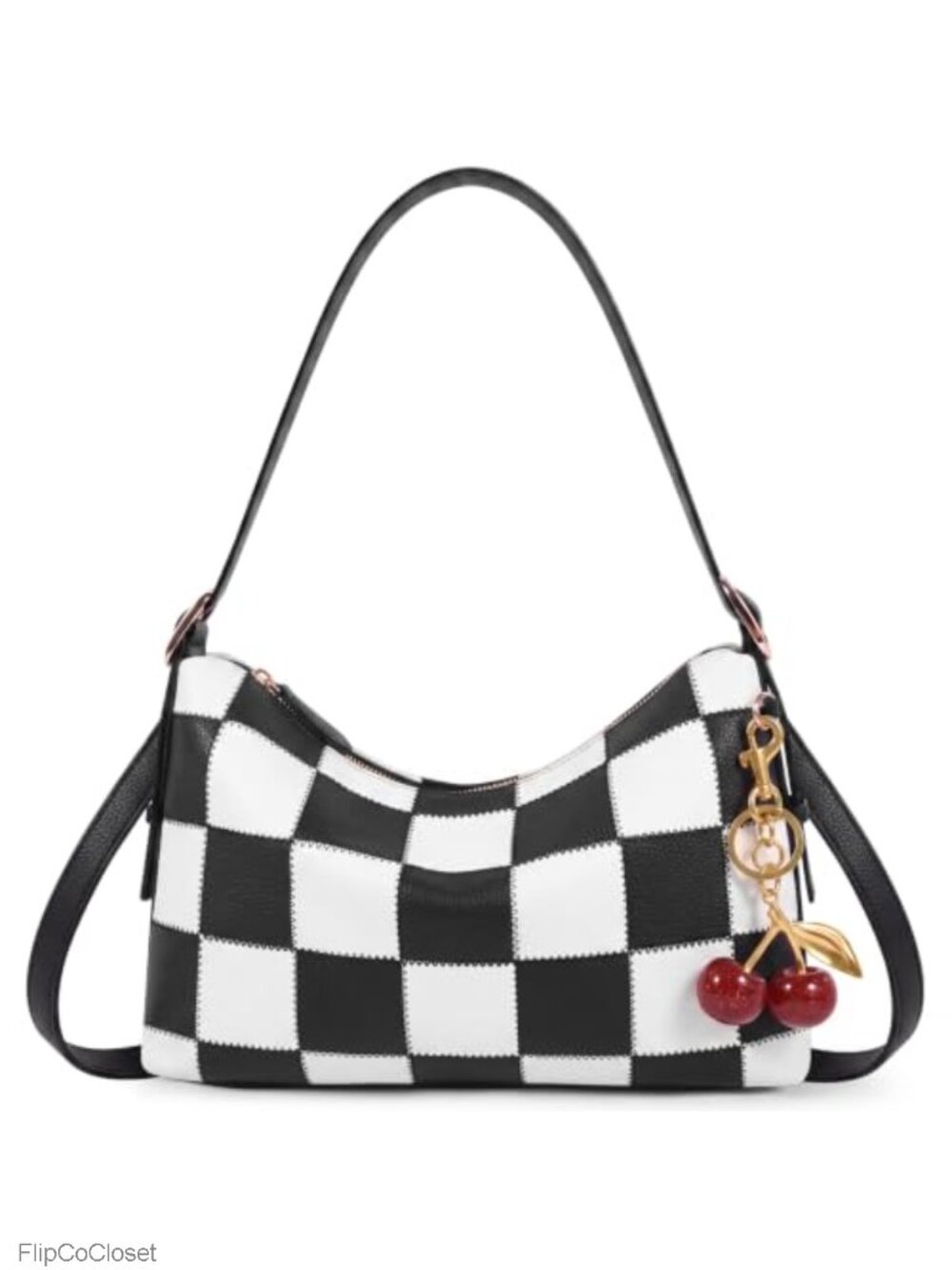 Vegan Leather Checkered Hobo Shoulder Bag Cherry Charm Crossbody
